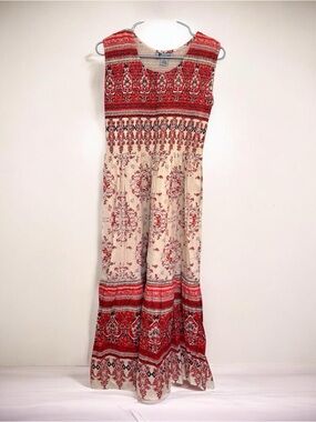 Marisol Bohemian Red & Cream Maxi Dress Sleeveless Floral Print Sz Small Summer